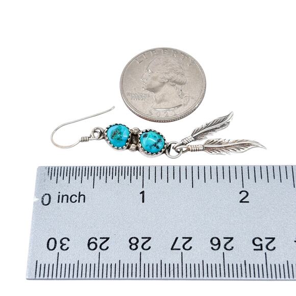 Turquoise Feather Single Dangle Earring | Southwest Vintage Sterling Silver 925 - Picture 6 of 7